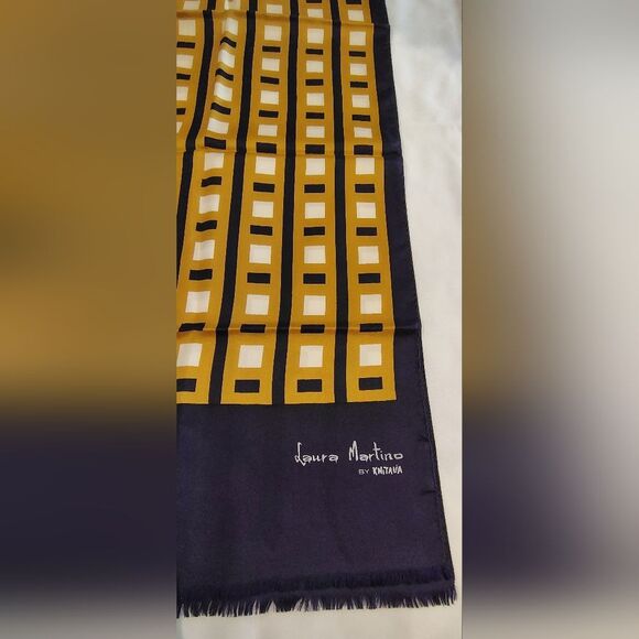 Laura Martino Long Fringe Vintage Silk Scarf Geometric Navy Blue & Gold - Picture 3 of 10